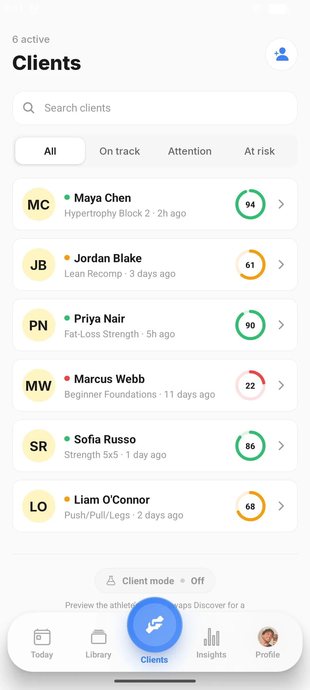 Coaches workspace client roster with per-client compliance rings and status filters