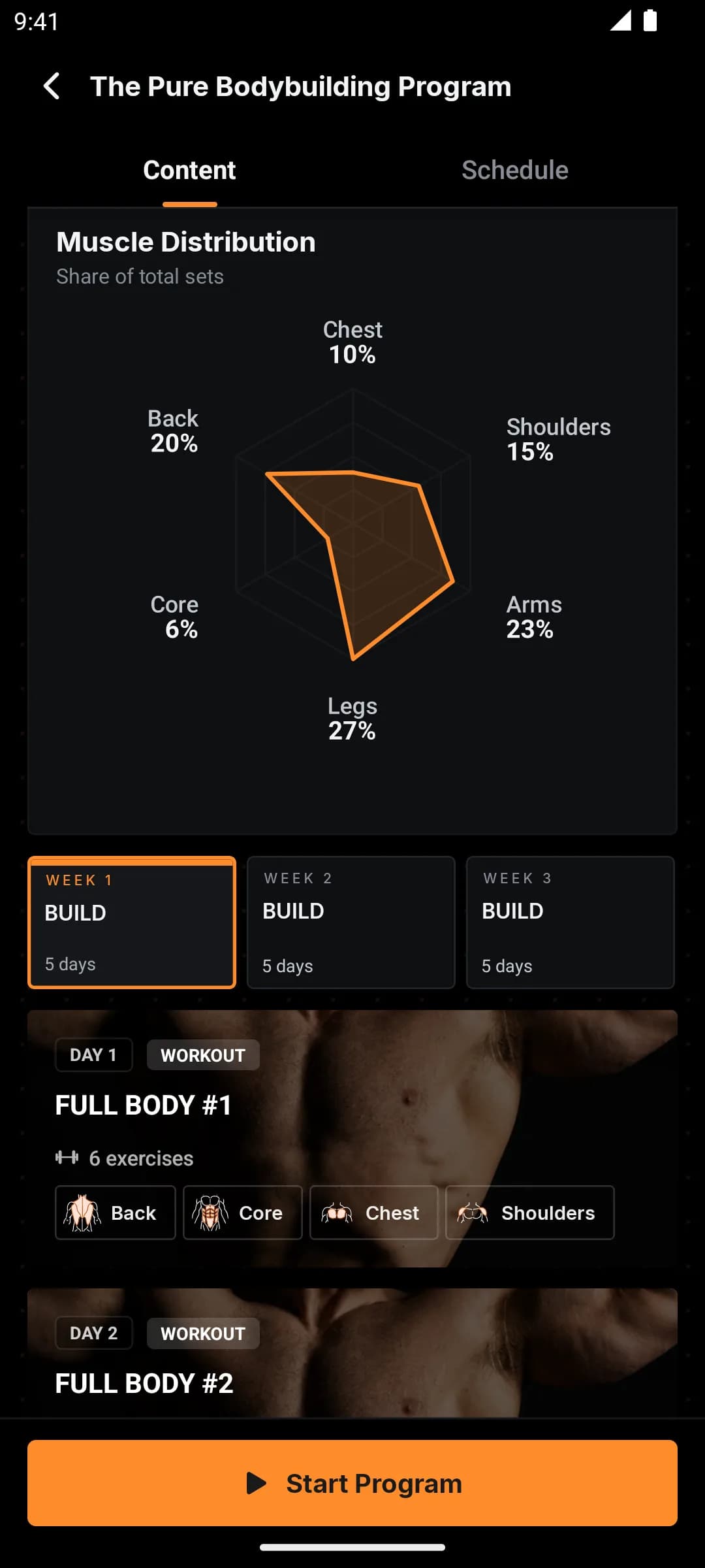 The Pure Bodybuilding Program schedule: a muscle distribution radar chart, week cards labeled BUILD, and full-body day cards with muscle chips