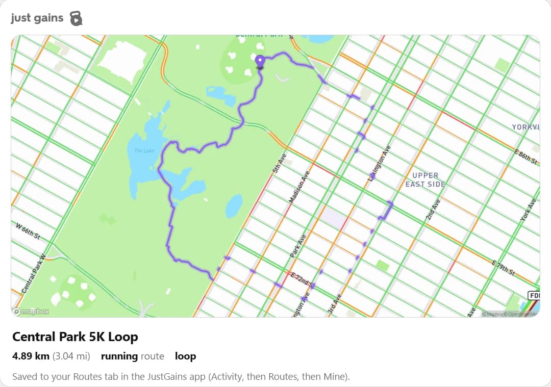 JustGains route card in a chat showing a Central Park 5K running loop drawn on a real map, with the distance in kilometres and miles and a note that it was saved to the Routes tab