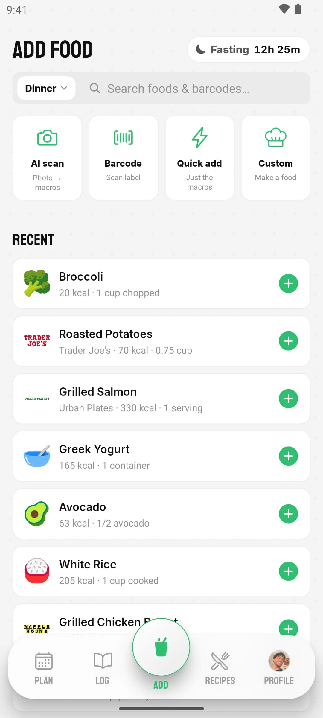 Nutrition workspace Add tab: Smart scan, barcode, quick add, and custom food entry methods above favorite and recent foods with one-tap add buttons