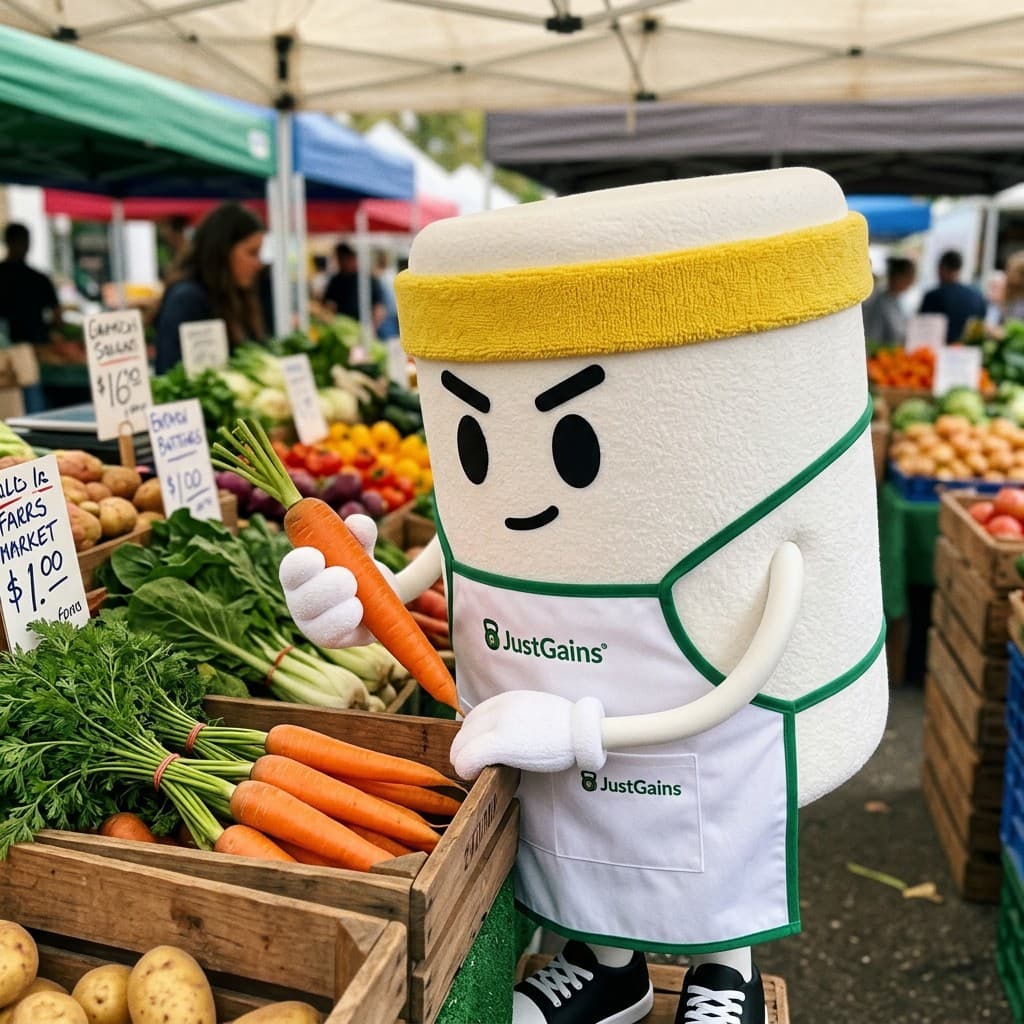 Mal at a farmers market vegetable stall