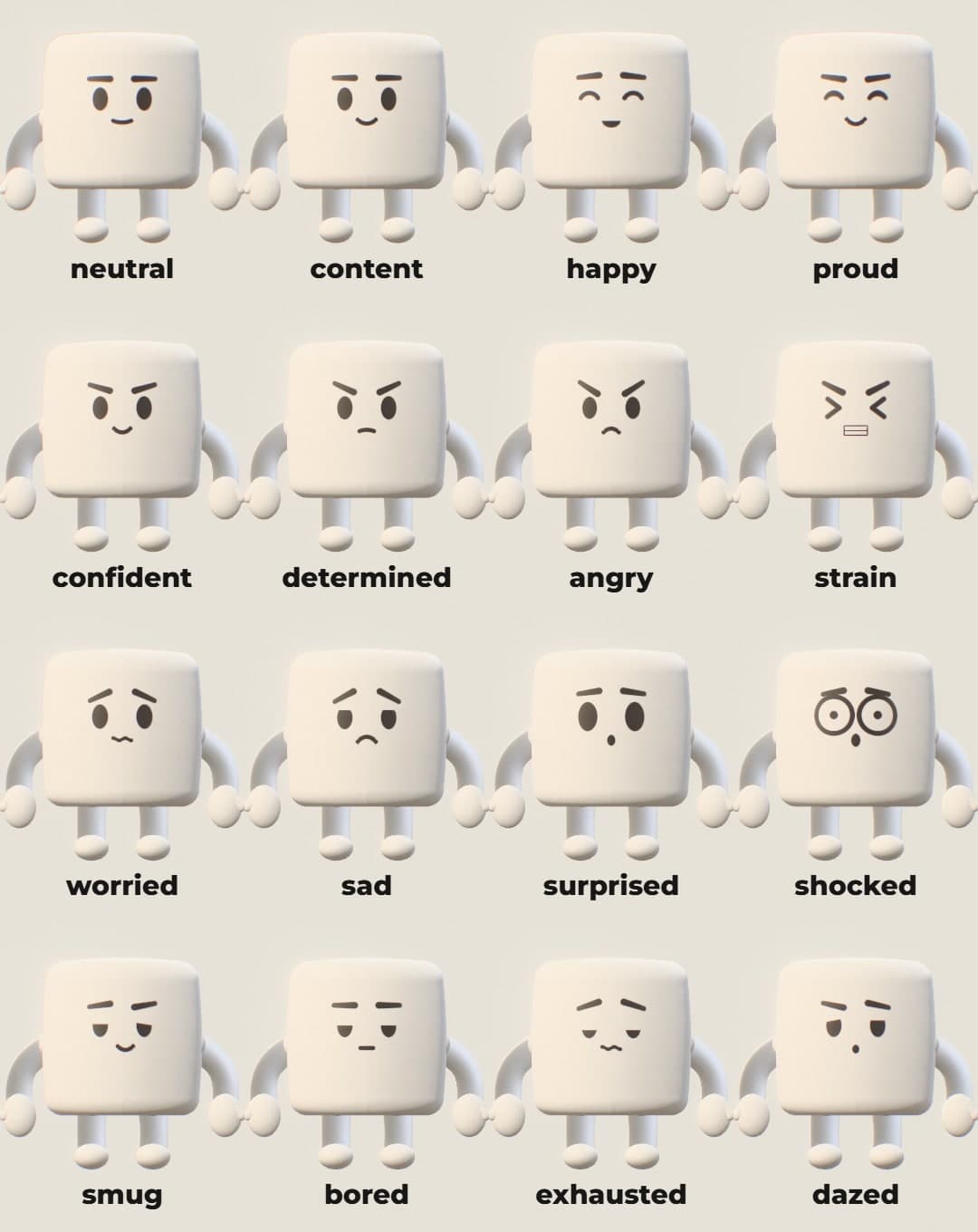 Seventeen named expressions: neutral, content, happy, proud, confident, determined, angry, strain, worried, sad, surprised, shocked, smug, bored, exhausted, dazed