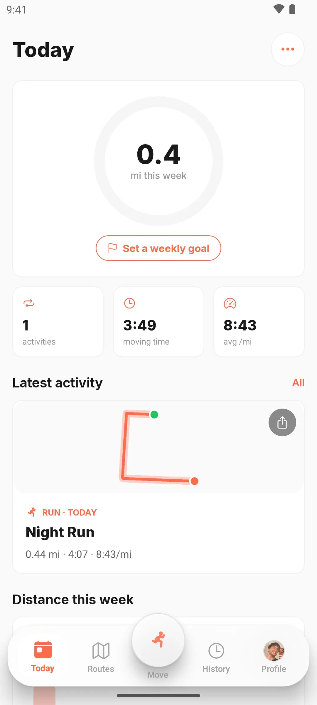 Activity Today tab: weekly distance ring, activity count, moving time, average pace, and the latest run with its route