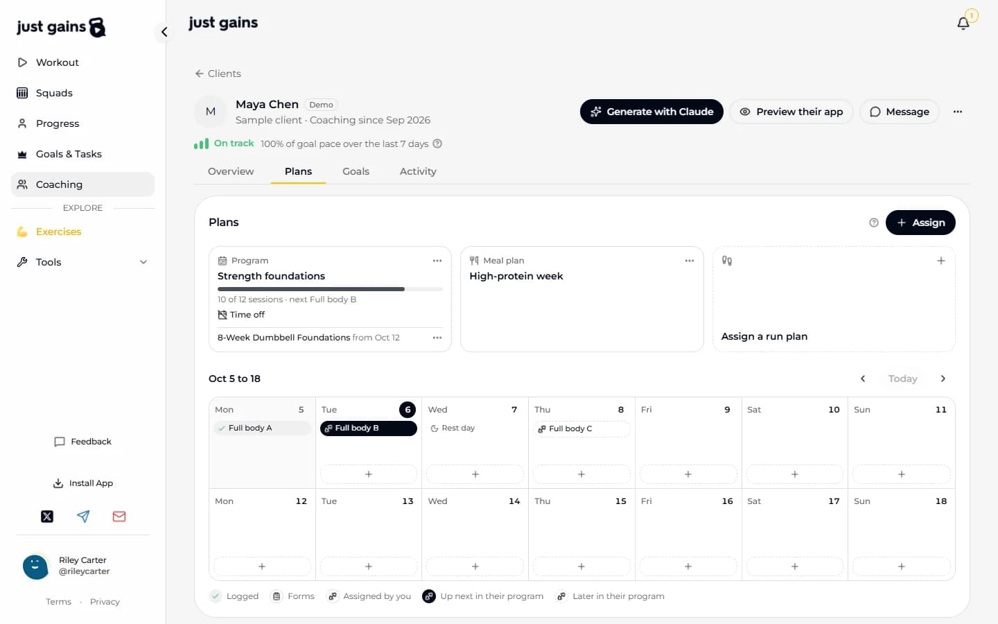 The Plans section of Maya Chen’s page in the coach panel: a Program tile, a Meal plan tile and an empty Assign a run plan tile above a two-week calendar with one logged workout and her upcoming program sessions.