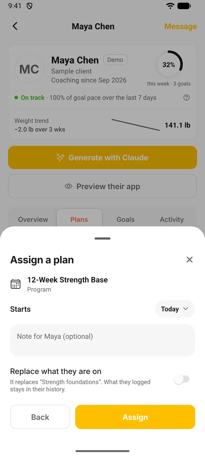 The second step of assigning on a phone: the Starts date, a note field, the Replace what they are on switch with the line naming the plan it would replace, and the Assign button.