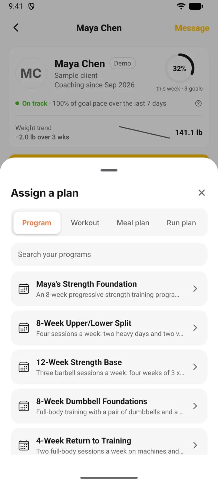 The Assign a plan sheet on a phone, with tabs for Program, Workout, Meal plan and Run plan above the coach’s programs.