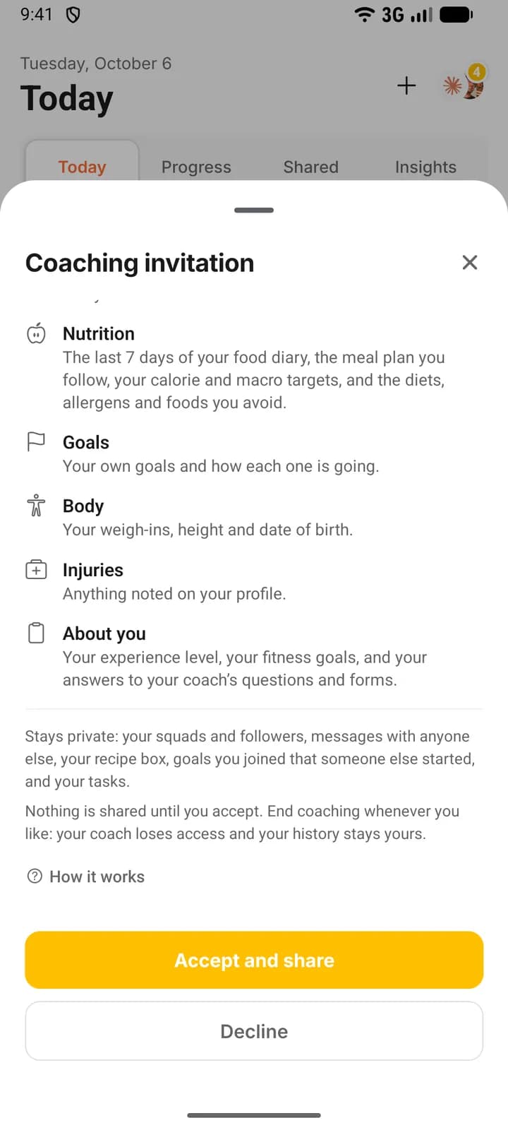 The lower half of the Coaching invitation sheet on a phone: the Stays private line, the promise that nothing is shared until you accept, a How it works link, and the Accept and share and Decline buttons.