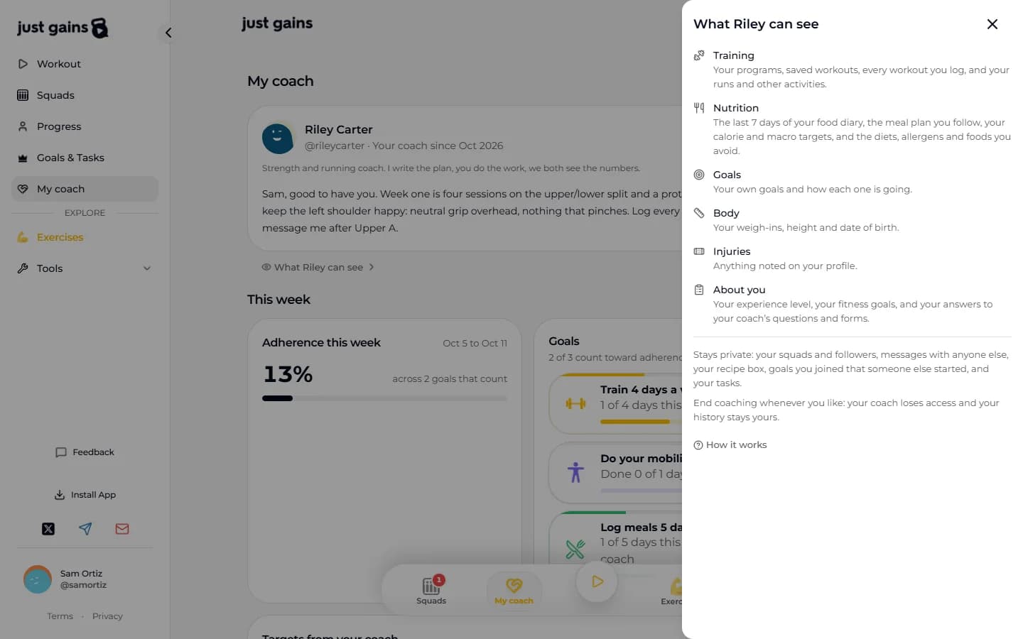 My coach on the web with a drawer titled What Riley can see open over it, listing the six things the coach can see, what stays private, and a line saying you can end coaching whenever you like.