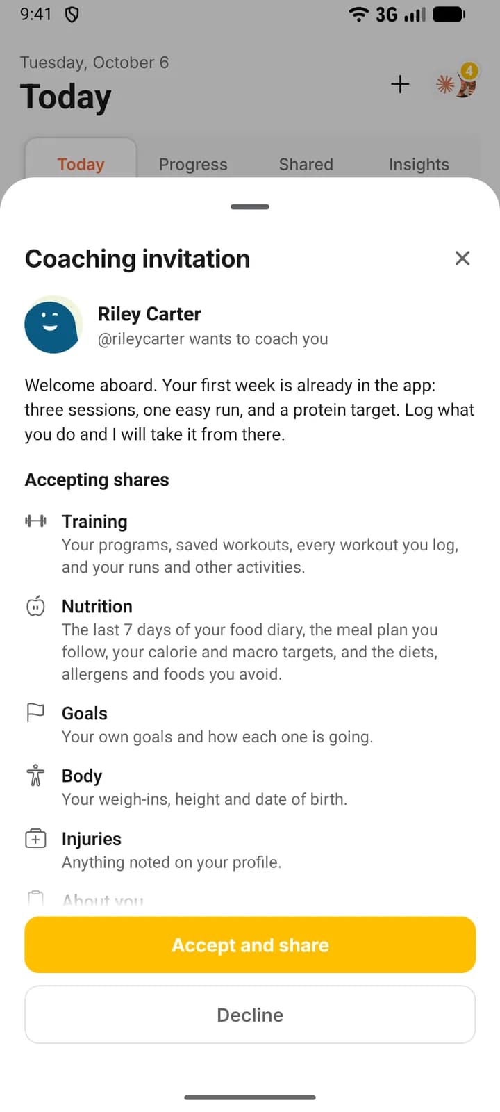 The Coaching invitation sheet on a phone: the coach’s name with “@rileycarter wants to coach you” under it, the coach’s welcome message, the list of what accepting shares, and the Accept and share and Decline buttons.