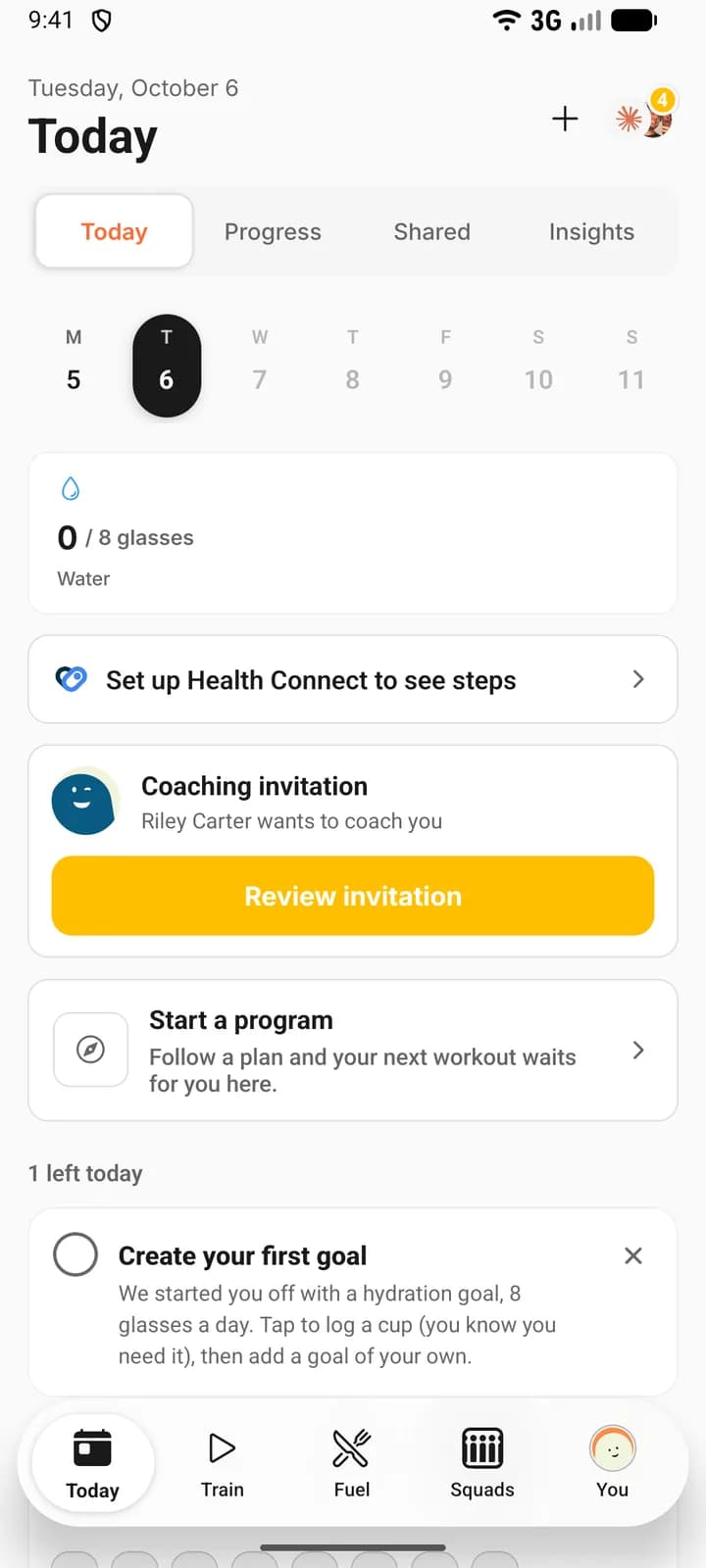 The Today tab on a phone with a Coaching invitation card saying the coach wants to coach you, and a Review invitation button.