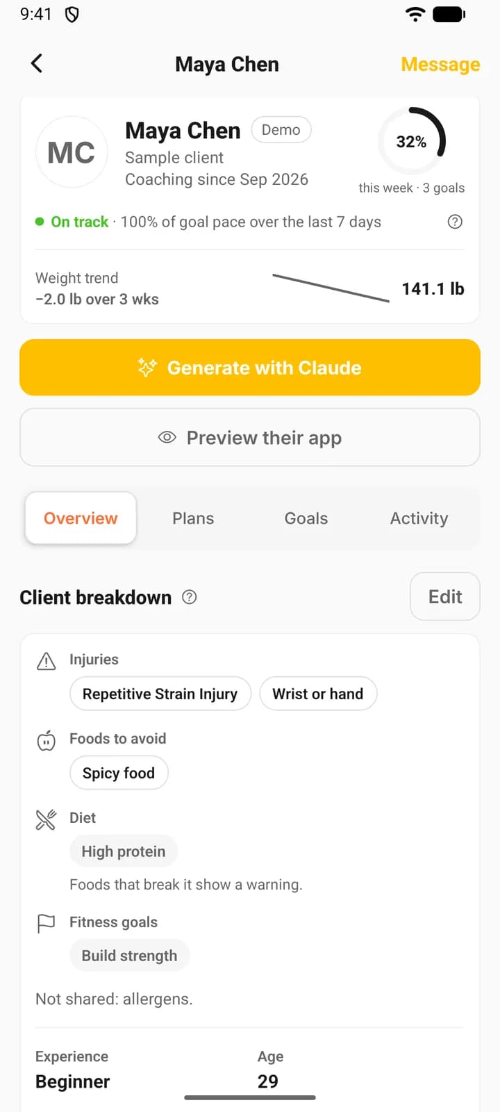 The same client page in the JustGains app on a phone.
