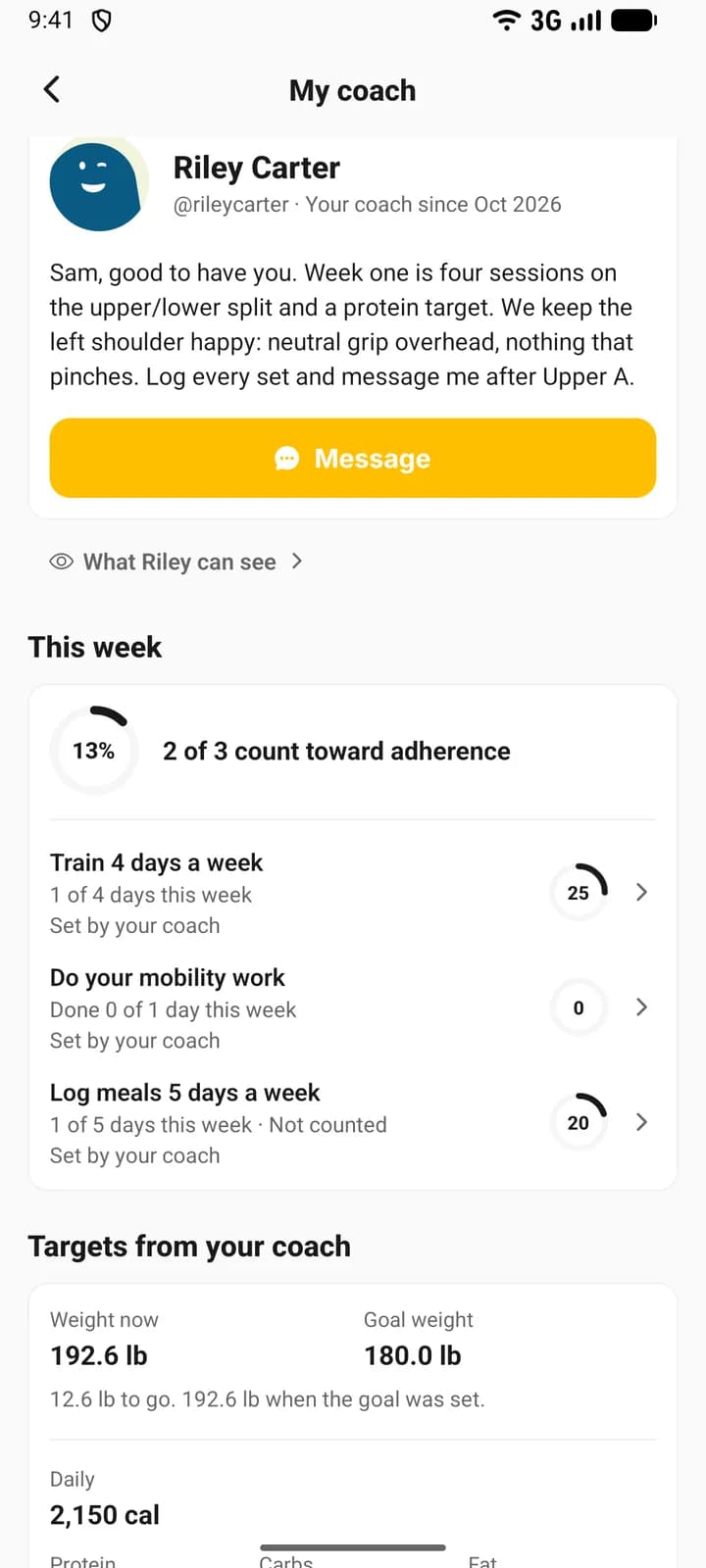 The My coach screen in the JustGains app on a phone: the coach, this week, targets from the coach and the assigned plan.