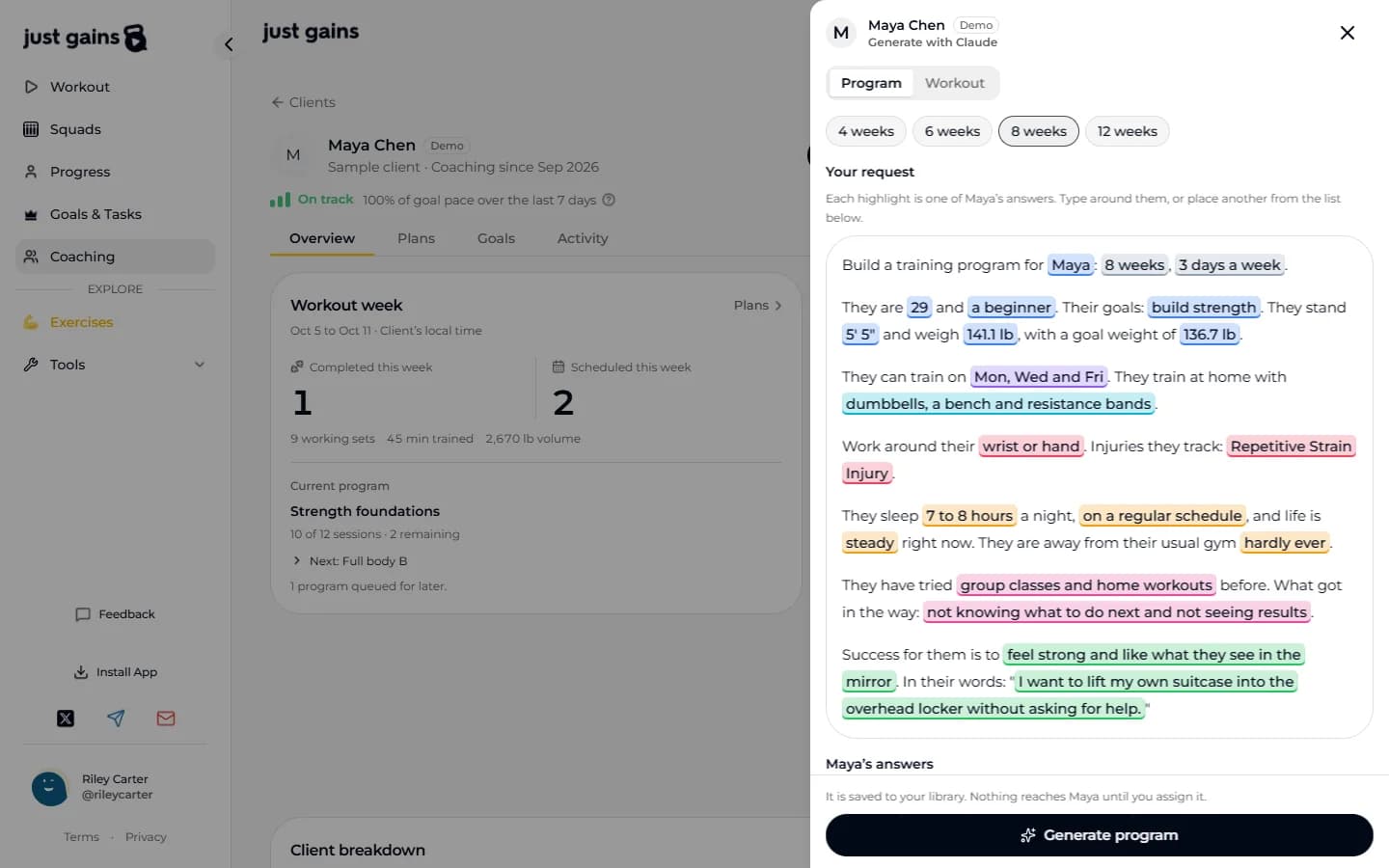 The Generate with Claude drawer on a client page: the request, with the client’s answers highlighted in it, above the Generate button.