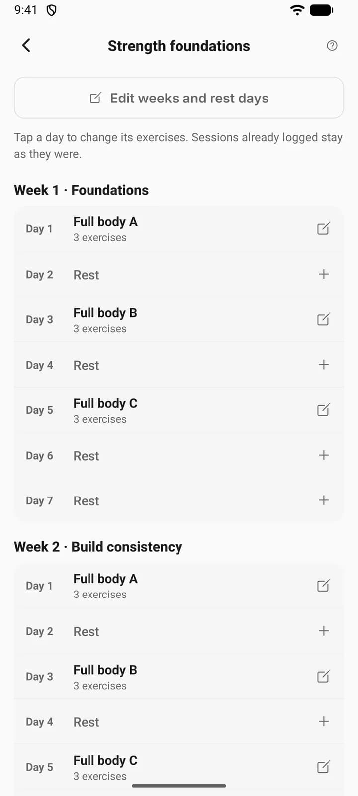 A client’s program, Strength foundations, on a phone, listed week by week as Day 1 to Day 7 with training days (Full body A, B and C) and rest days, under the Edit weeks and rest days button.