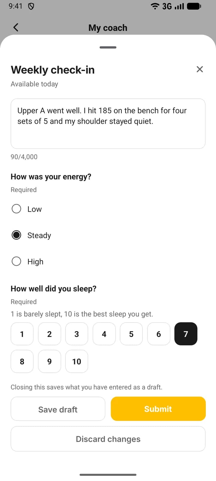 A client answering a coach’s weekly check-in on a phone: a typed answer, a choose-one question and a 1 to 10 rating with 7 picked, above the Save draft, Submit and Discard changes buttons.