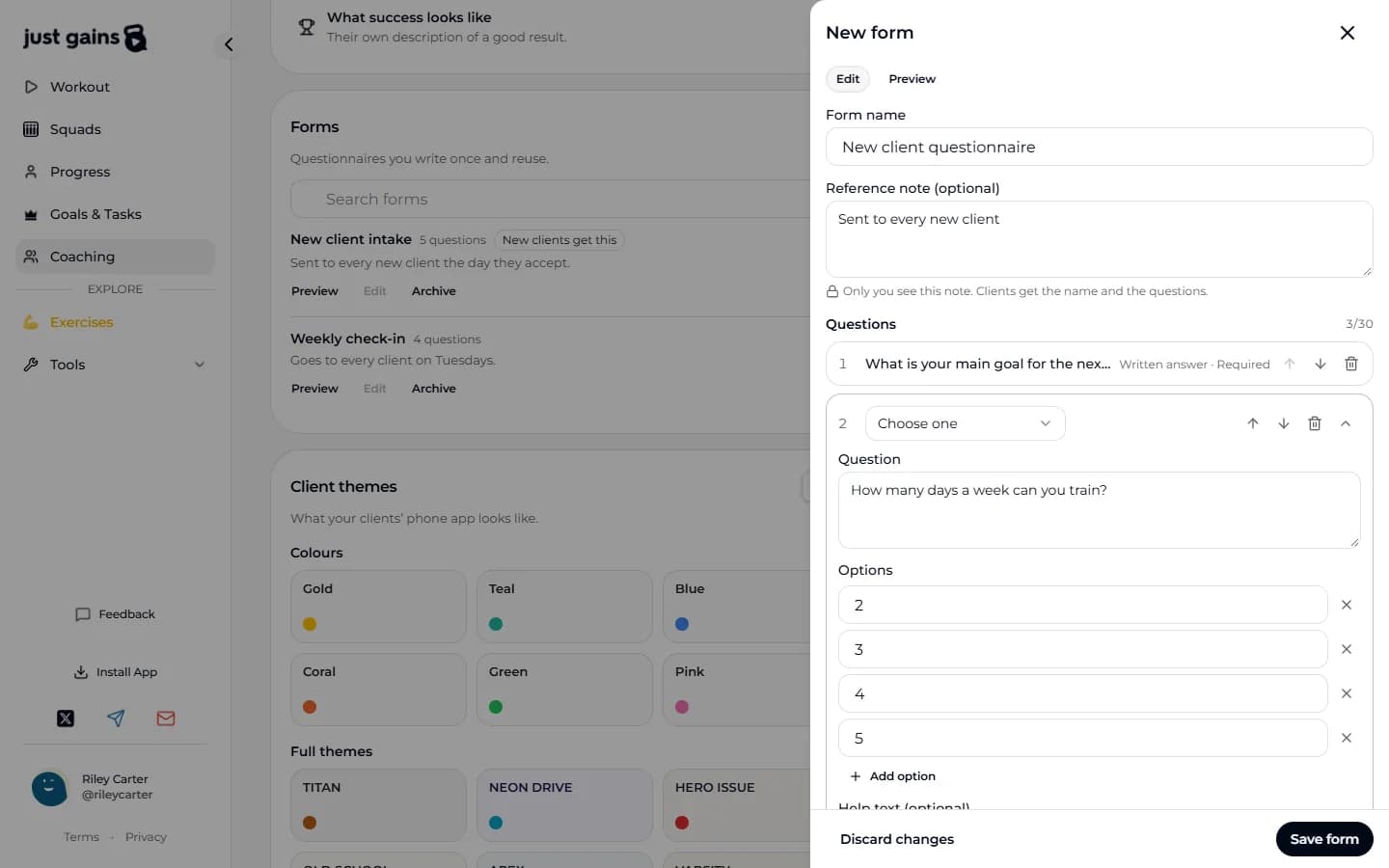 The New form drawer on the web with the Edit tab open: a form name, a reference note that only the coach sees, a written-answer question and a choose-one question with four options.