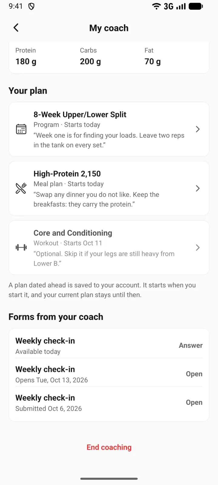 The Forms from your coach list on a client’s My coach screen, with one form to answer (Available today), one that opens on a later date (Opens Tue, Oct 13, 2026) and one already submitted (Submitted Oct 6, 2026).