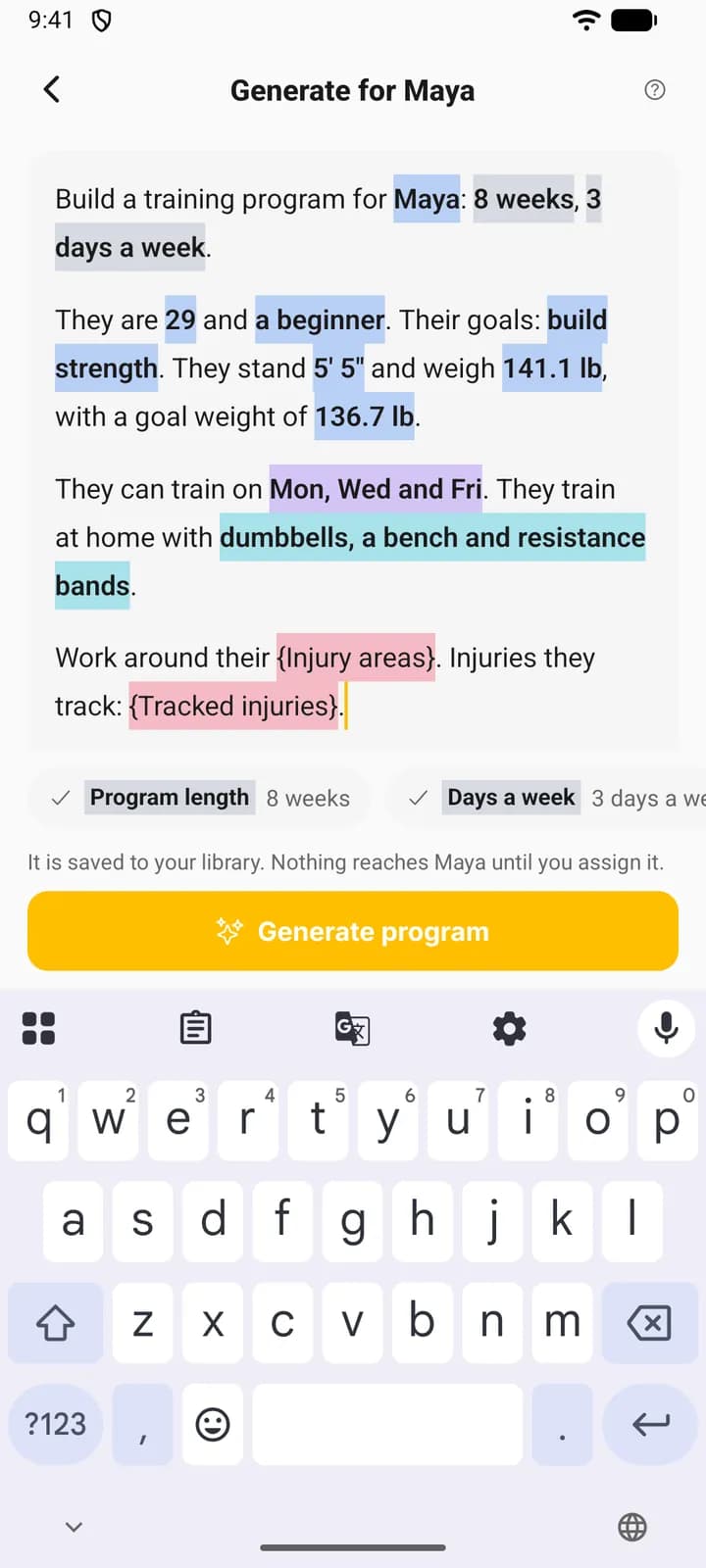 One paragraph of the request being edited on a phone, with a highlight written as its name in braces and the keyboard open under the strip of answers.
