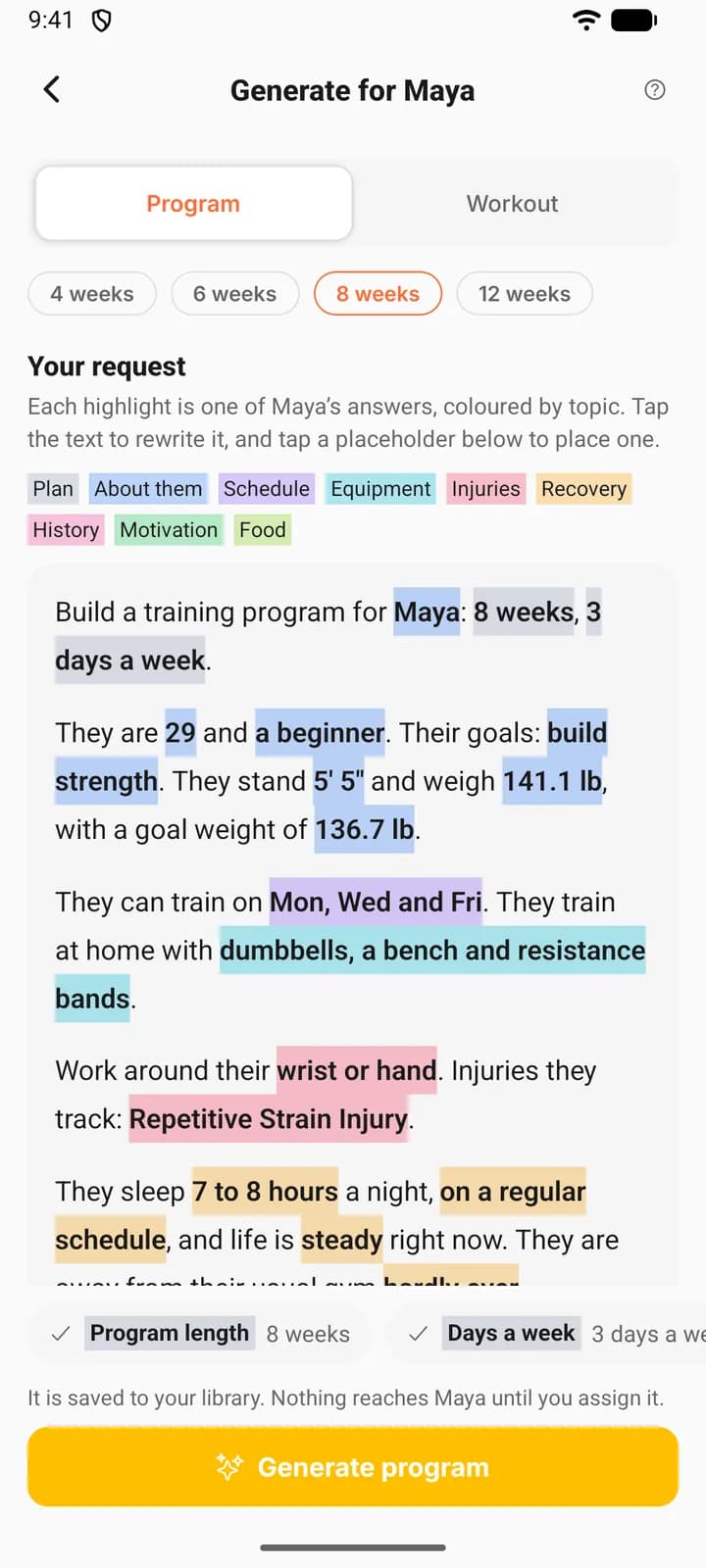 The Generate screen for Maya on a phone: length chips, the request with her answers highlighted by topic, and a strip of answers to place above the Generate program button.