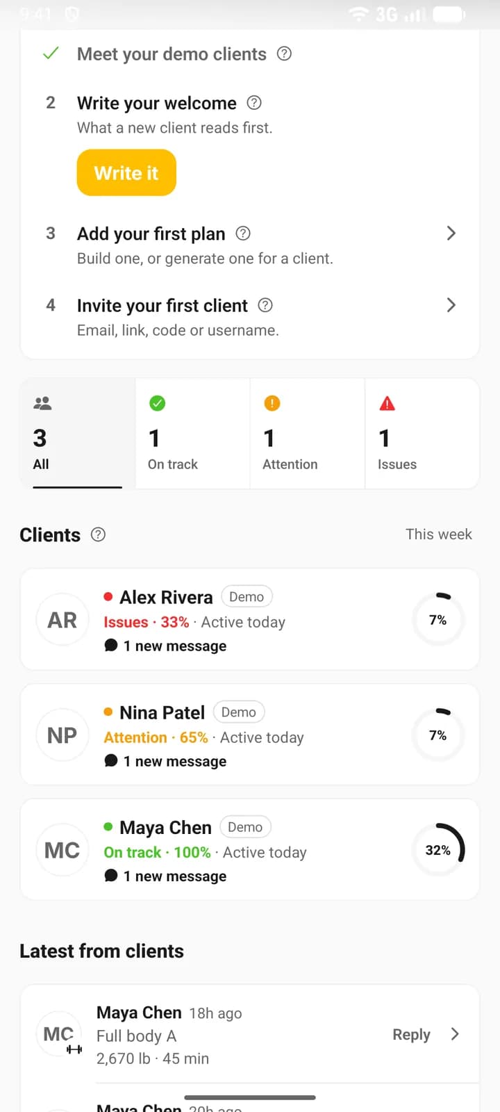 The phone roster after adding the demo clients: Alex Rivera, Nina Patel and Maya Chen, each tagged Demo, with a line such as Issues · 33% · Active today and 1 new message under it.