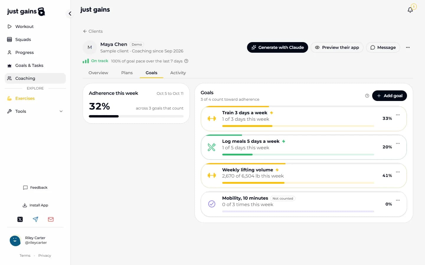 Maya Chen’s Goals section on the web: the adherence card with this week’s percentage, three counted goals and a mobility habit marked Not counted.