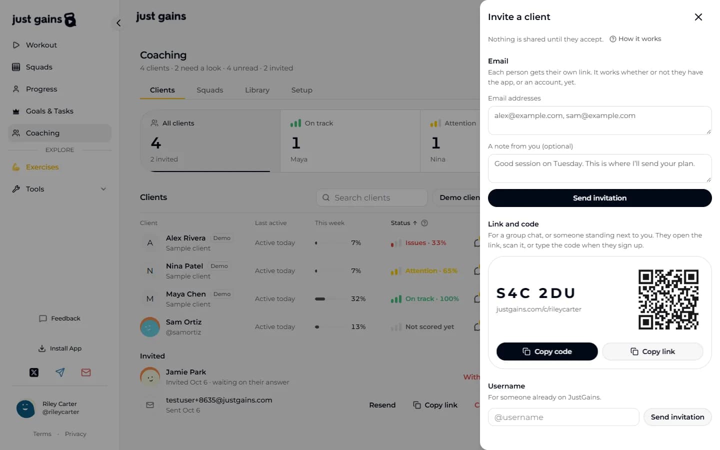 The Invite a client drawer on the web, with the Email section and its address and note fields, the Link and code section showing a six-character code, the link and a QR code, and the Username section.