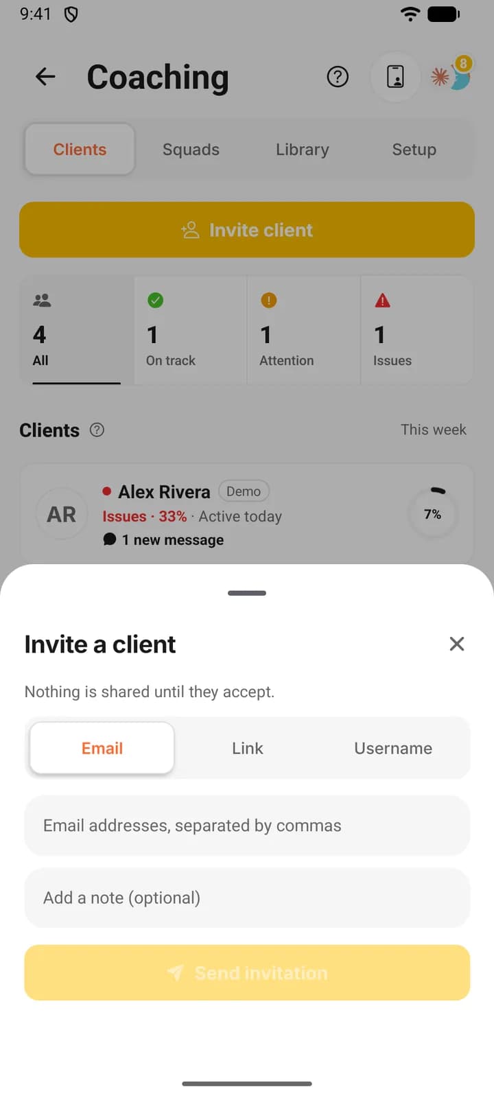 The Invite a client sheet on a phone, with the Email, Link and Username tabs and the Email tab open on its address and note fields.
