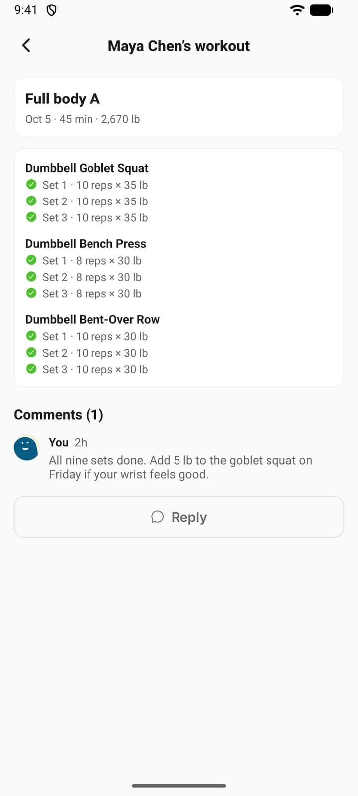 A client’s finished workout on a phone, showing each exercise and set as logged, with the Comments thread under it.