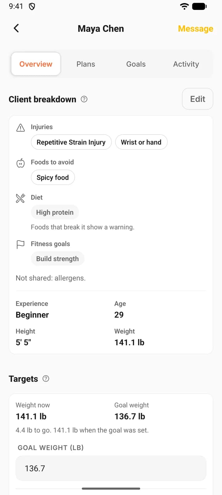 A client’s Overview on a phone: the client breakdown with labelled rows for injuries, foods to avoid, diet and fitness goals above experience, age, height and weight, and the Edit button.