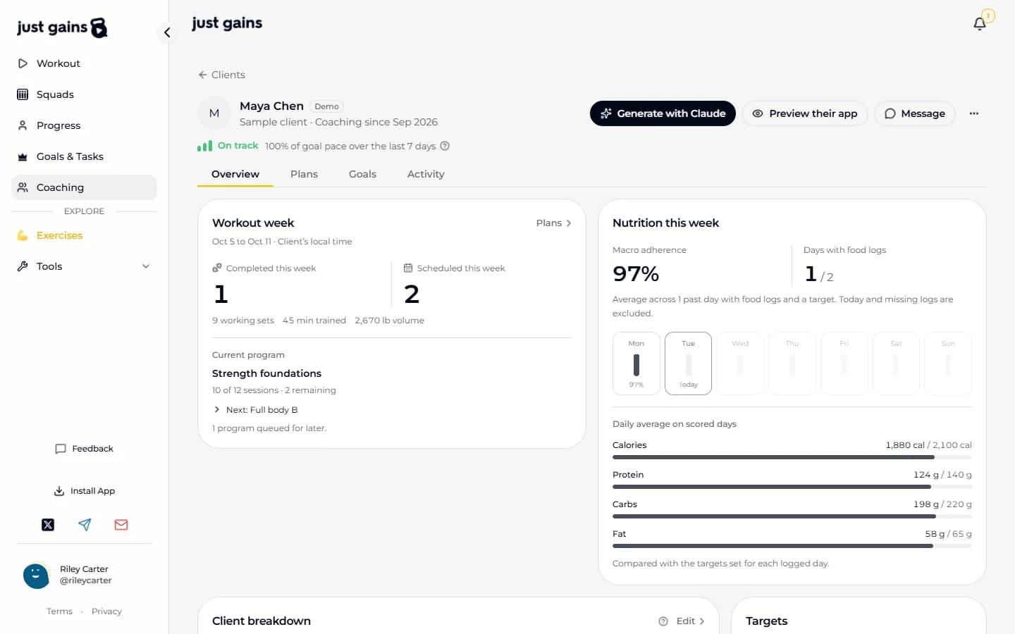 A client page in the JustGains coach panel, with the Overview, Plans, Goals and Activity sections and the Generate with Claude and Preview their app buttons.