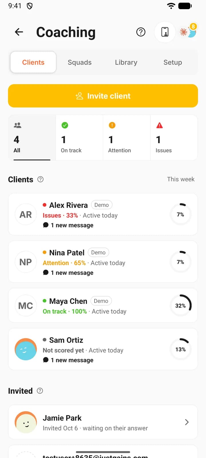 The Clients section of Coaching on a phone, with the All, On track, Attention and Issues counts above the roster and the start of the Invited group below it.
