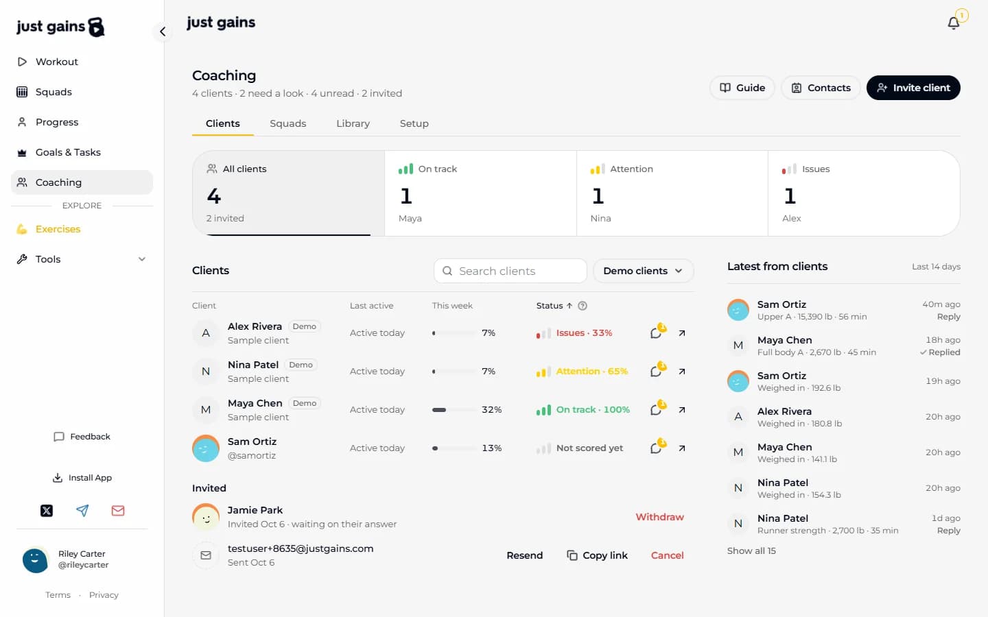 The Clients tab of the web coach panel, with the status counts, the roster sorted with Issues first and Latest from clients, under the Clients, Squads, Library and Setup tabs.