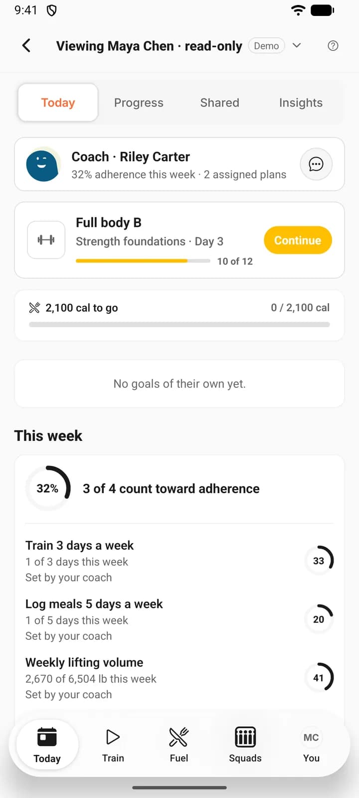 The phone preview of Maya Chen’s Today tab under a header that reads Viewing Maya Chen, read-only: her coach card, her program session Full body B at 10 of 12, the line No goals of their own yet, and under This week the coach’s goals marked Set by your coach.