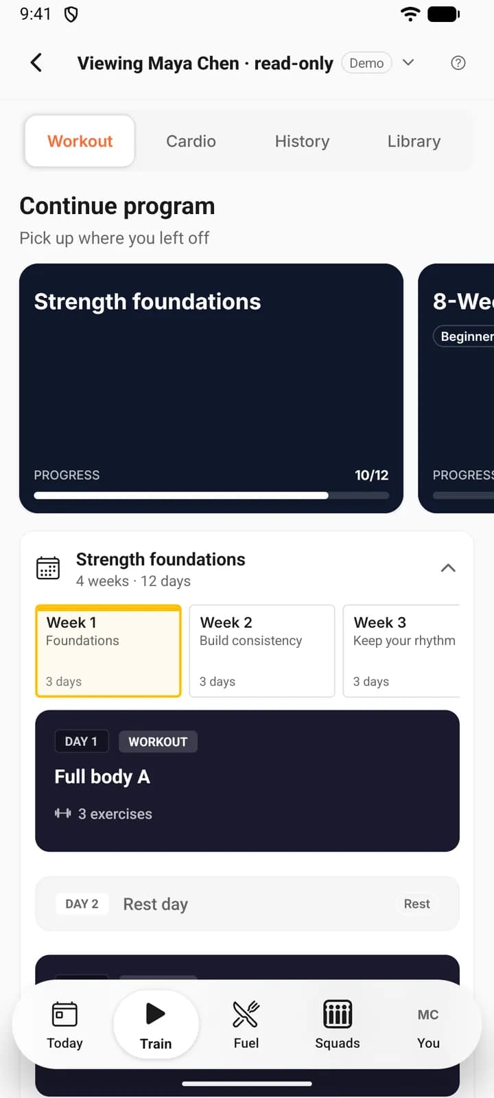 The phone preview of Maya Chen’s Train tab, with her program showing sessions done out of the total and the week’s days listed under it.