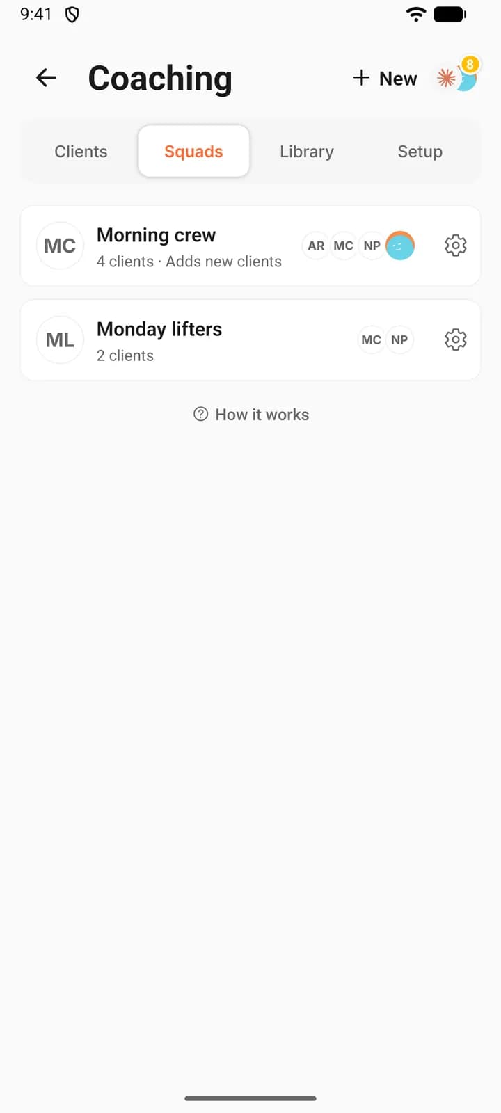 The Squads section of Coaching on a phone, with a New button in the header, listing two squads, Morning crew with 4 clients and Monday lifters with 2 clients, each with member avatars and a settings icon.