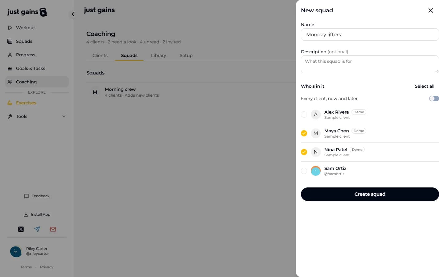 The New squad drawer on the web, with a name typed in, the Every client, now and later switch, and two demo clients ticked under Who's in it.