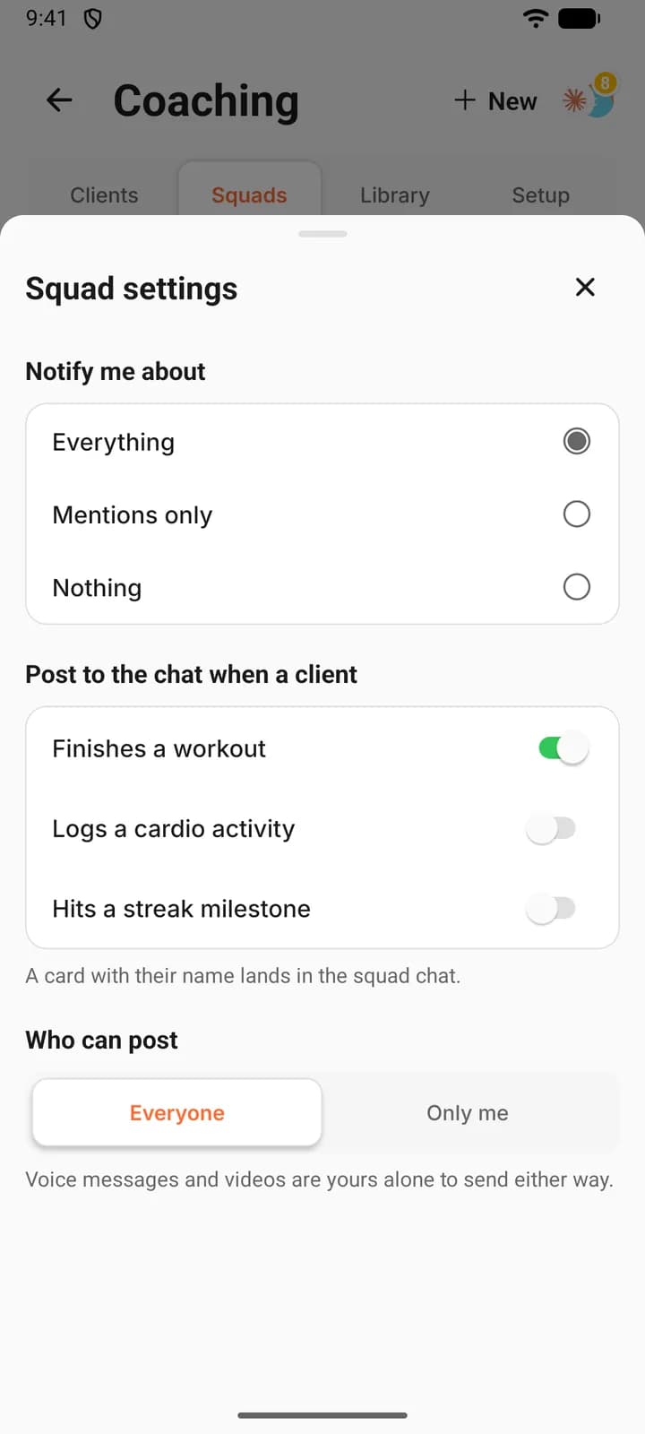 The Squad settings sheet on a phone, with Notify me about, the three Post to the chat when a client switches, and Who can post.