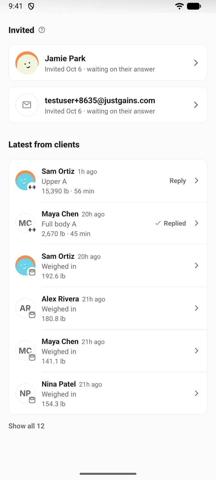 Further down the same phone screen: the Invited group, then Latest from clients with a finished workout marked Reply.