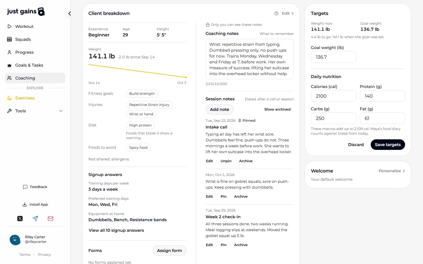 The Targets card on a client’s Overview on the web: weight now beside the goal weight, the Goal weight box, and Daily nutrition with calories, protein, carbs and fat above a line that adds up the macros.