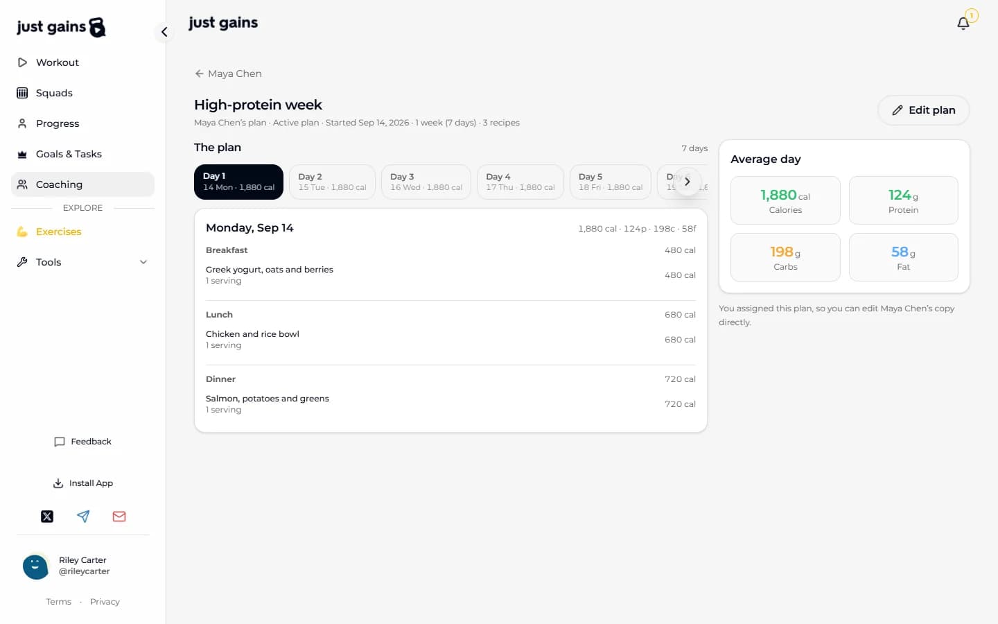 A client’s copy of a meal plan on the web: an Average day card with calories, protein, carbs and fat, a row of day tabs with Day 1 open showing Breakfast, Lunch and Dinner, and the Edit plan button.