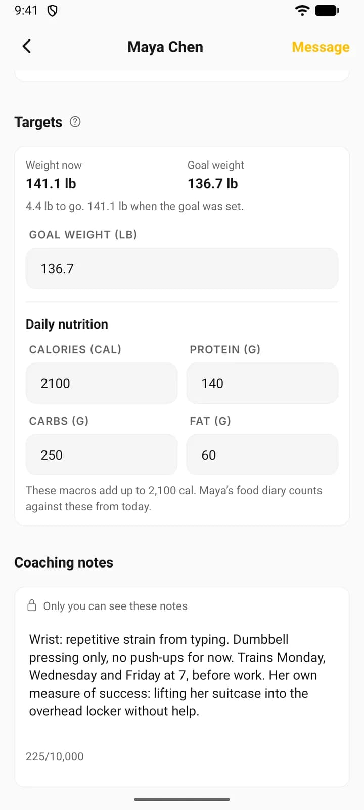 The Targets section of a client’s Overview on a phone, with the goal weight and the four daily nutrition boxes filled in.