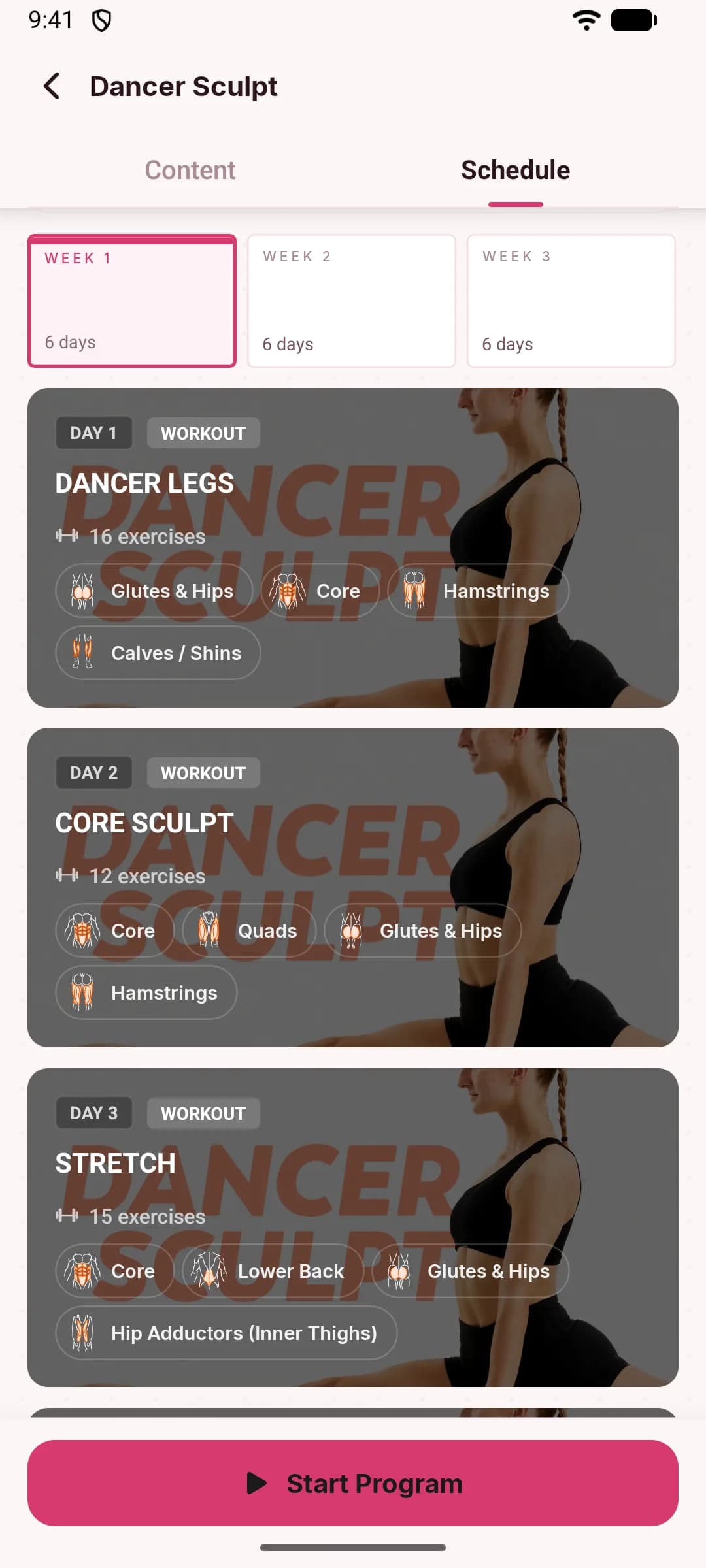 The Dancer Sculpt schedule in JustGains: week selector pills and day cards for Dancer Legs, Core Sculpt, and Stretch with muscle chips on each