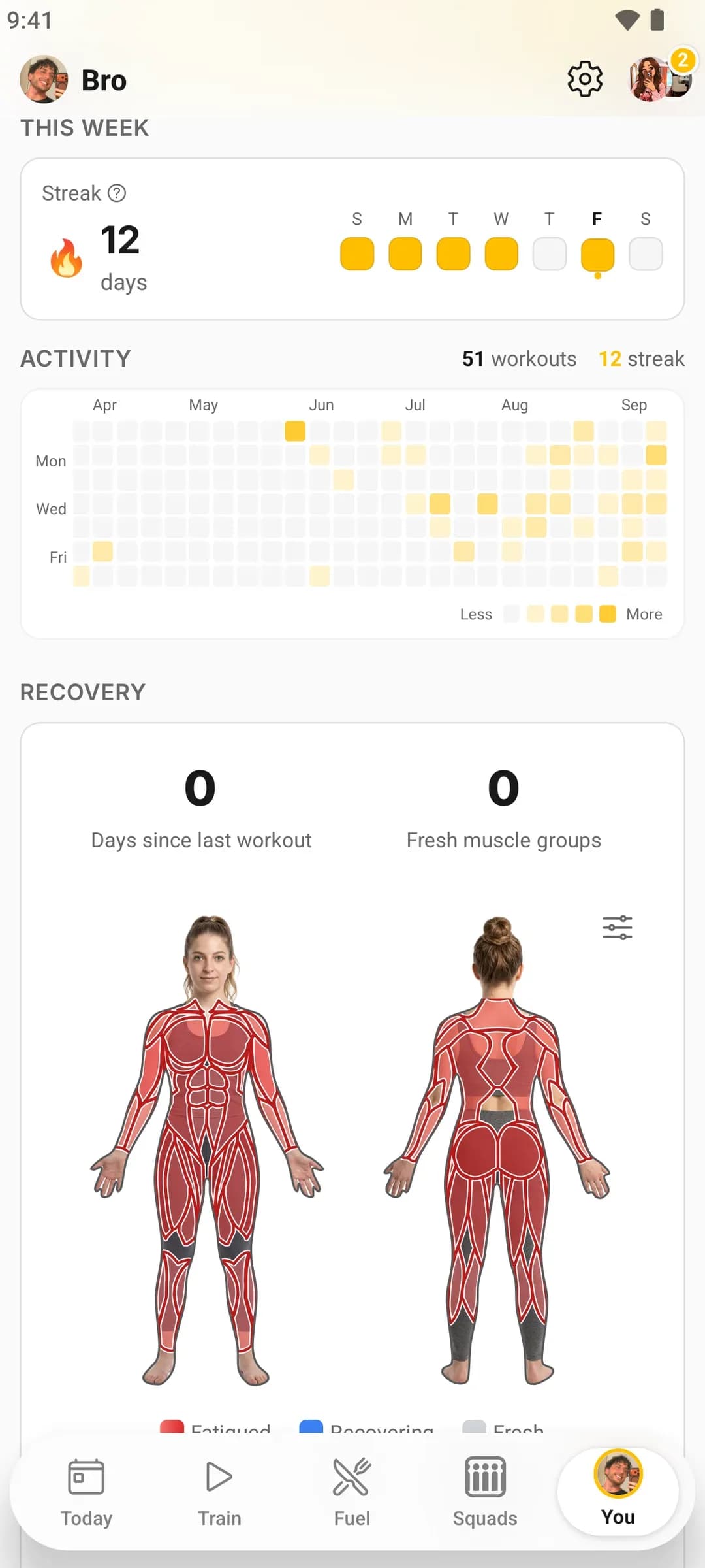 The activity section of the JustGains You tab: a twelve-day streak and months of workouts on a heatmap