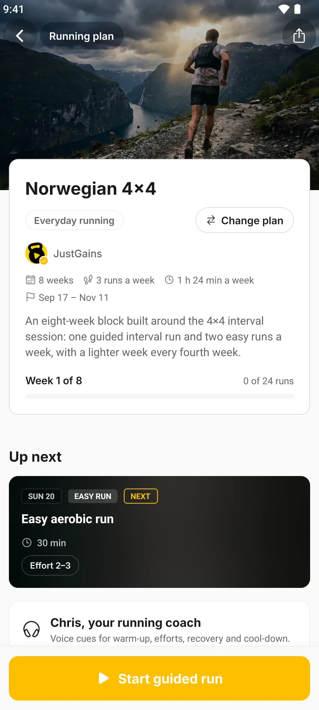 A Norwegian 4×4 running plan in JustGains: eight weeks, three runs a week, the next run and a voice coach