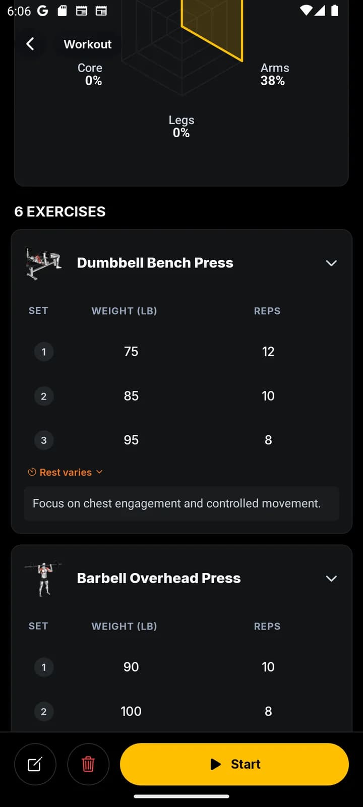 Workout editor listing exercises with target sets, reps, and weight, plus a coaching note under Dumbbell Bench Press.