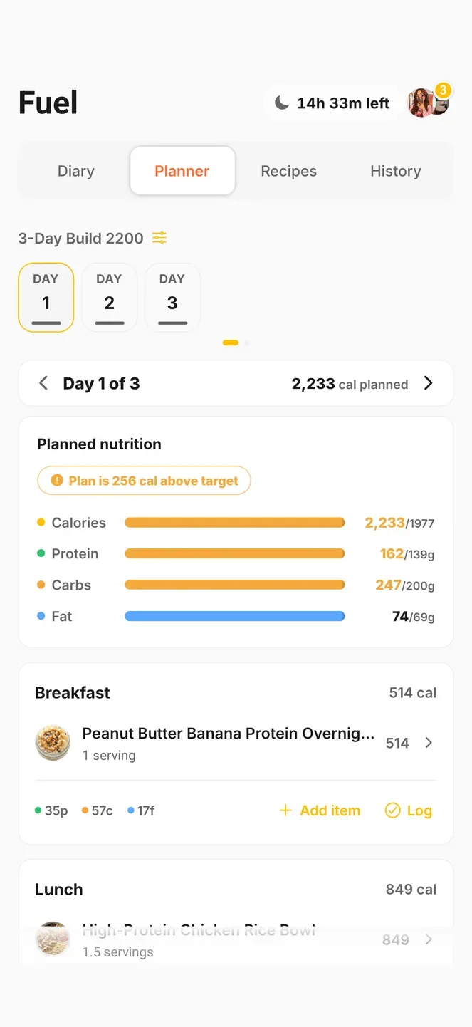 The Fuel tab: a three-day meal plan with its calories, protein, carbs and fat against the day’s targets