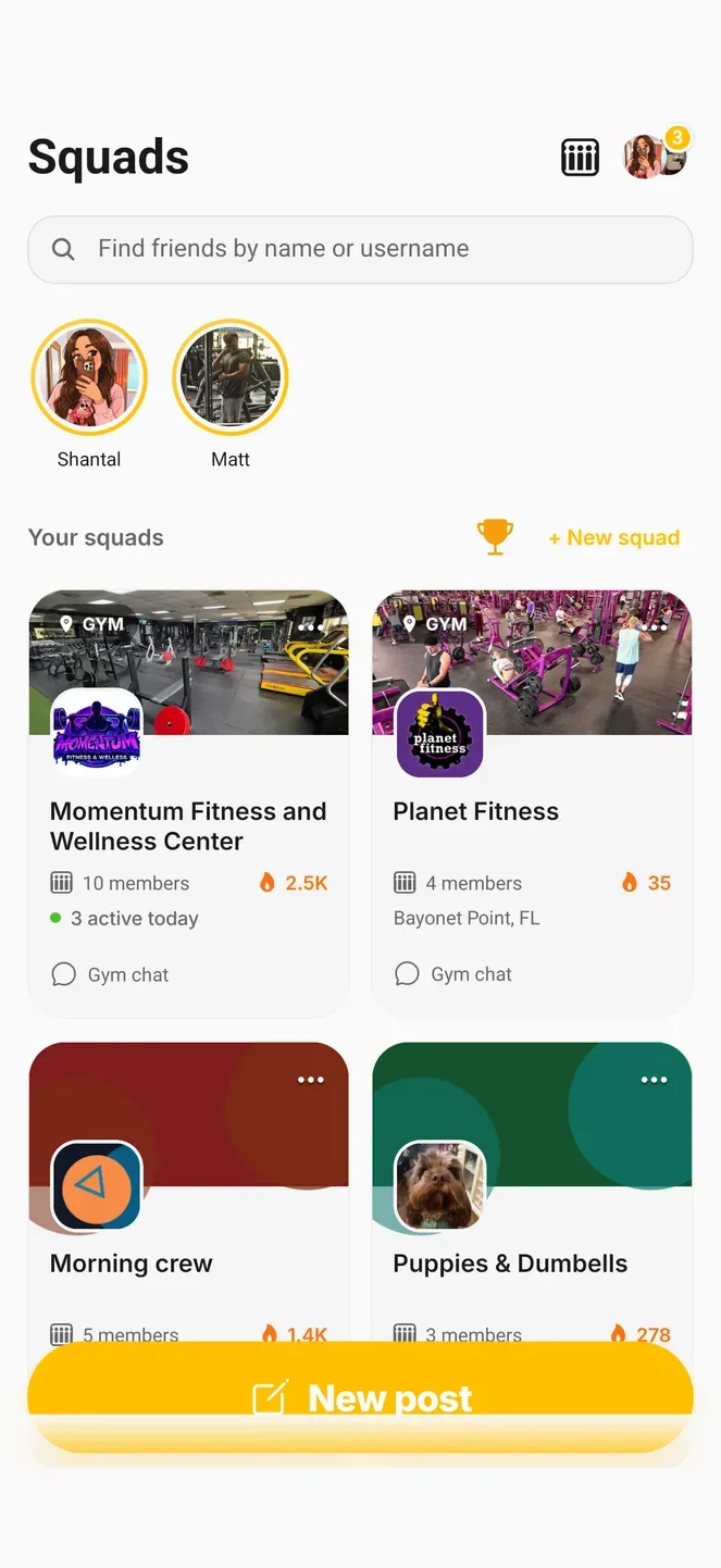 The Squads tab: friends across the top, and the gyms and squads they train with below