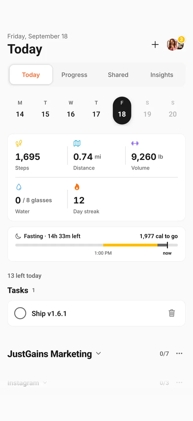 The Today tab: steps, distance, volume, water and a twelve-day streak, with the eating window below them