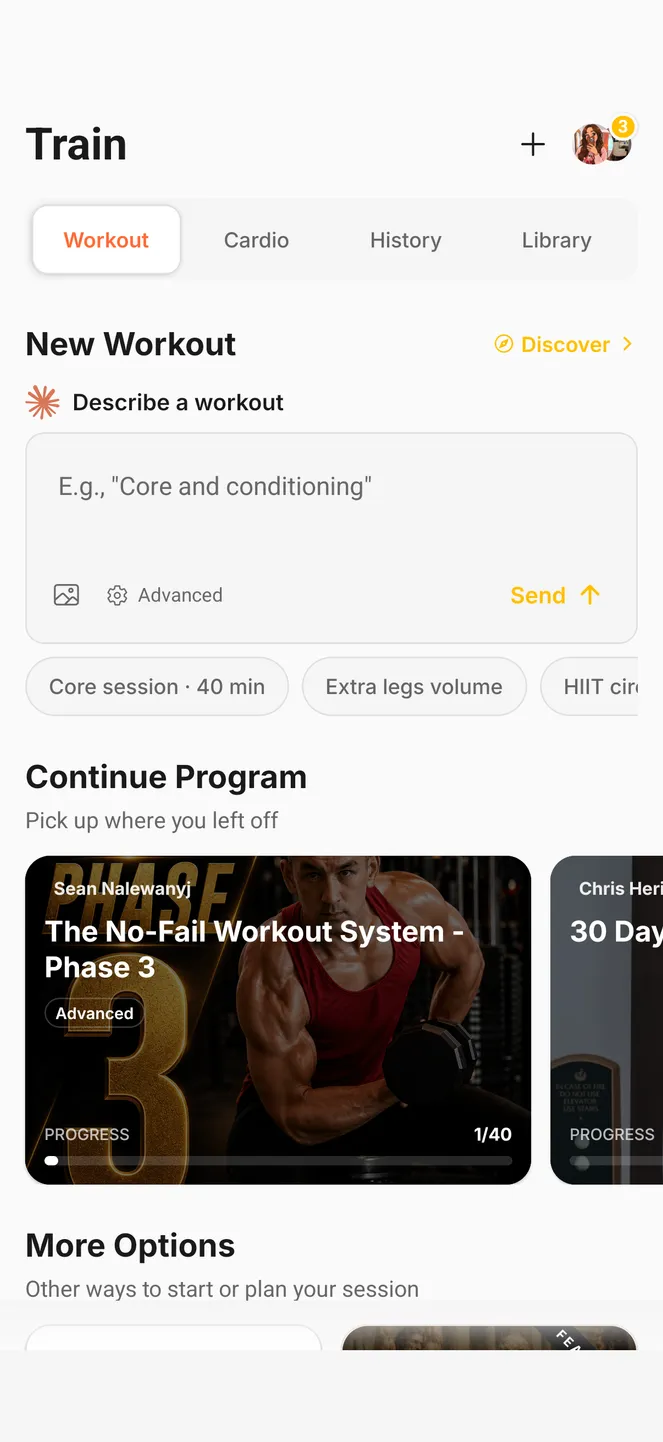 The Train tab: describe a workout in a sentence, or carry on with the program already running