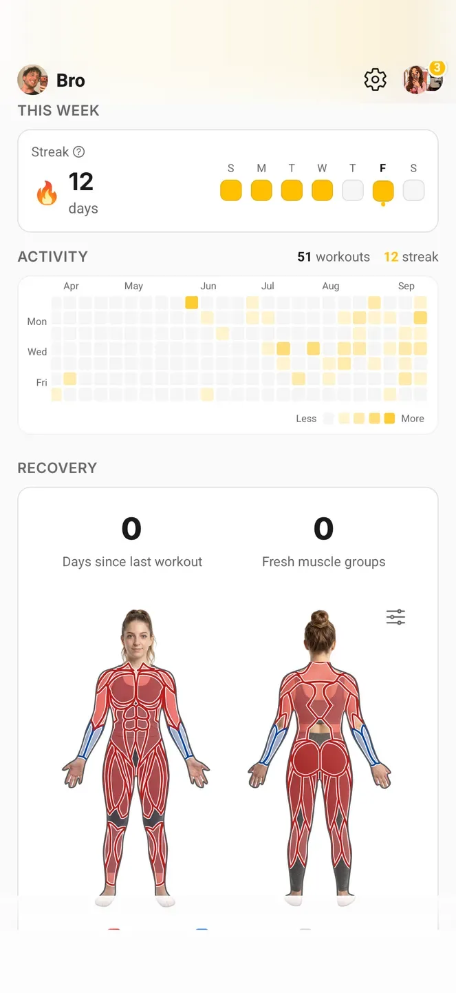 The You tab: the week’s streak, a year of training as a heat map, and the muscle recovery map
